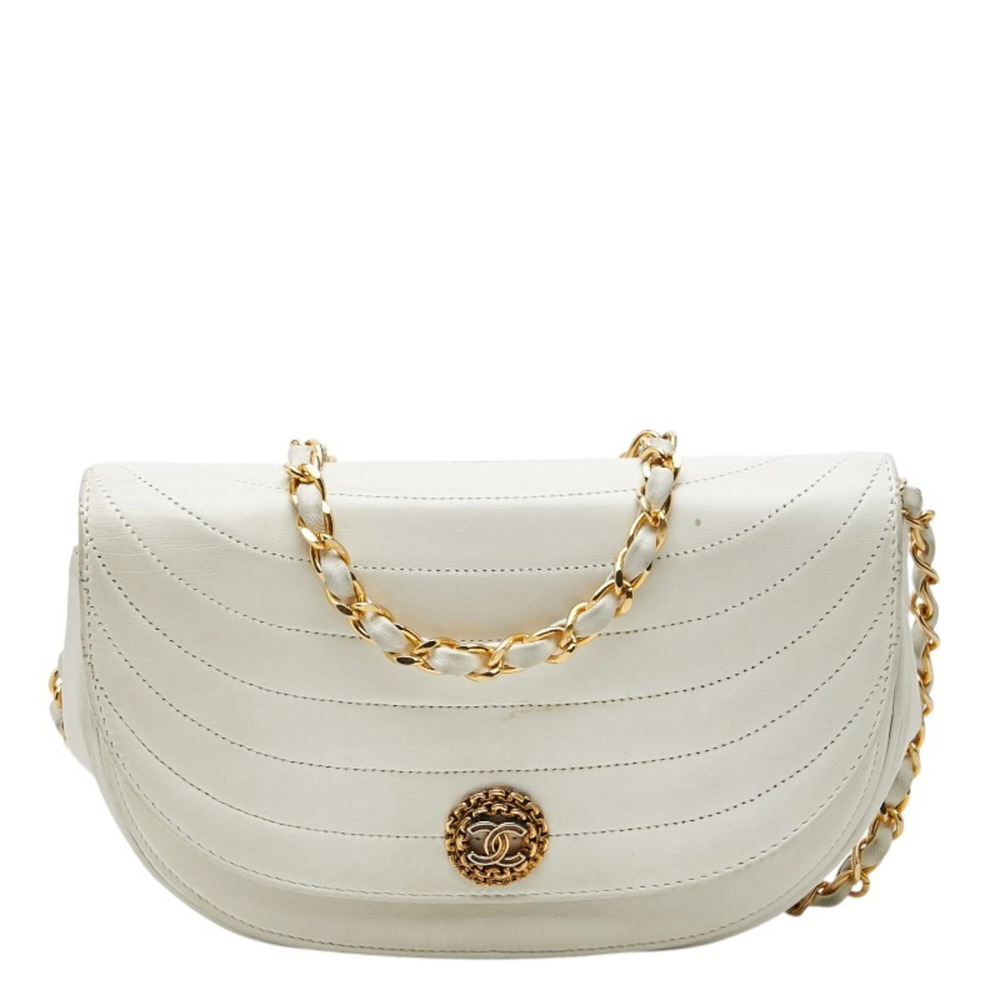 Chanel Coco Mark Half Moon Chain Shoulder Bag, White Lambskin, Women's CHANEL